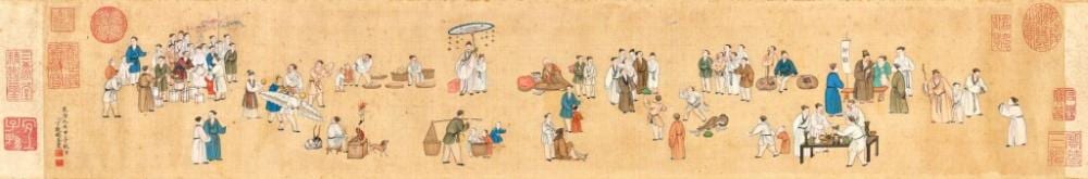 Ding Guanpeng, Spring Festival Market in a Time of Peace | 清　丁觀鵬　太平春市圖　設色絹本　鏡框 comparable sale
