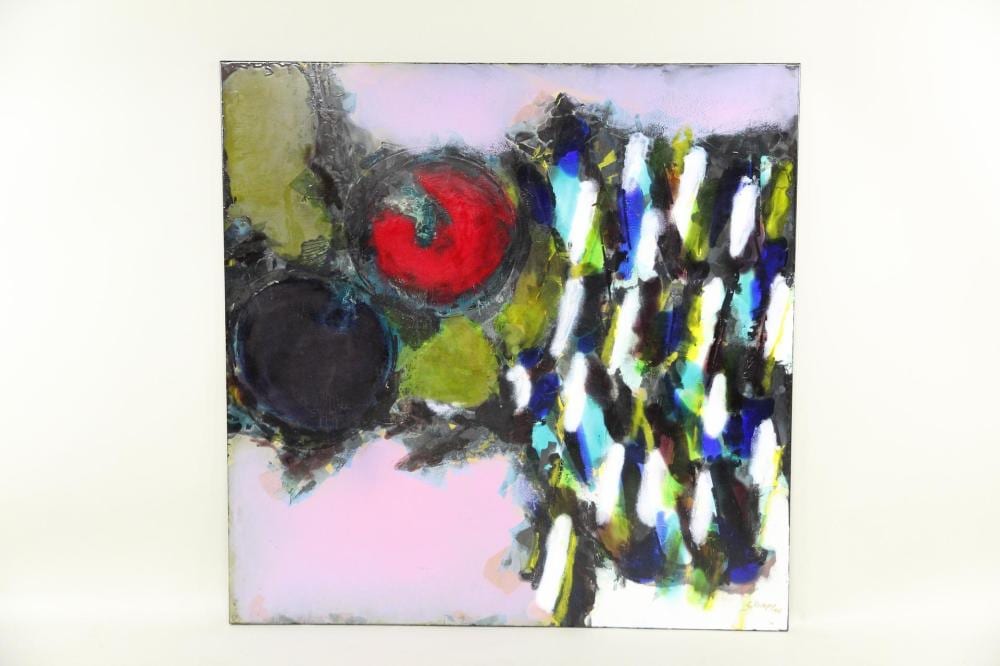 Abstract painting with a red circle and dark shapes beside a vertical cluster of bright blue, white, and green streaks.