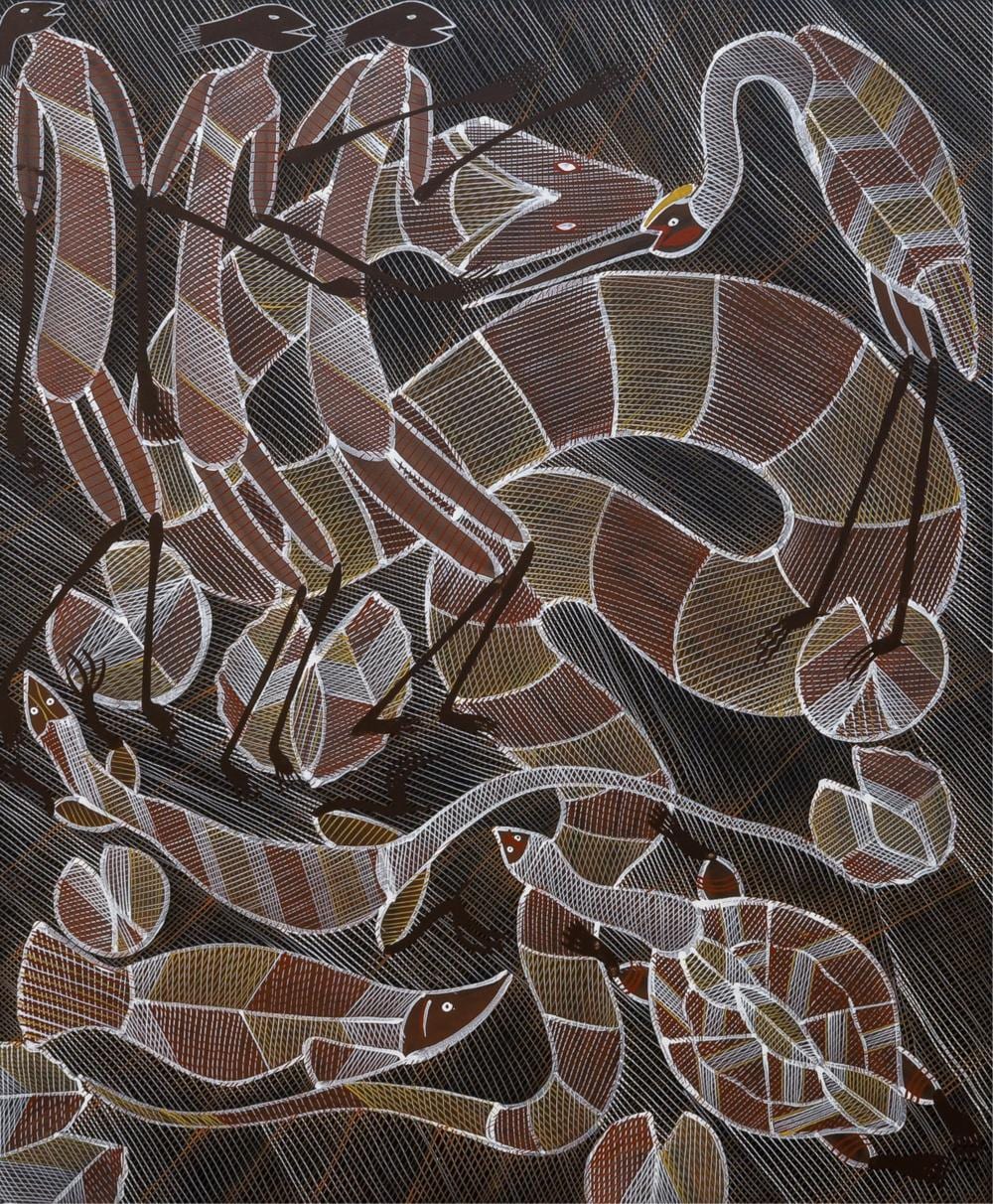 Edward Julius Detmold comparable auction result: edward eddie blitner taiita billabong spirits acrylic on canvas 121cm x 100cm