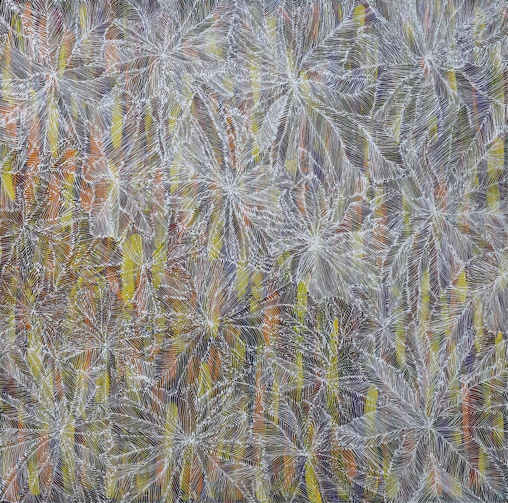 Lucky Morton Kngwarreye comparable auction result: lucky morton kngwarreye my country acrylic on belgian linen 124cm x 123cm