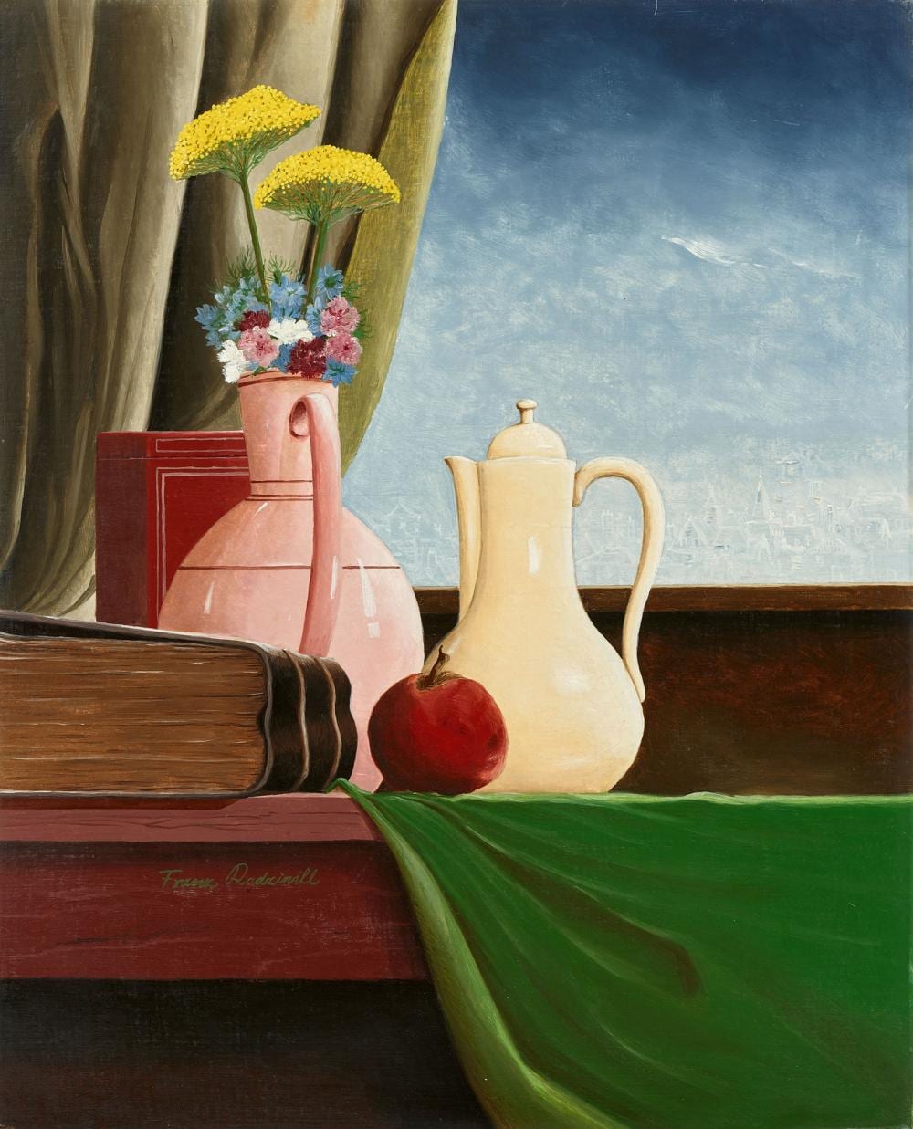 Franz Radziwill comparable auction result: franz radziwill stillleben mit gelber kanne und rosa krug mit blumen 1949