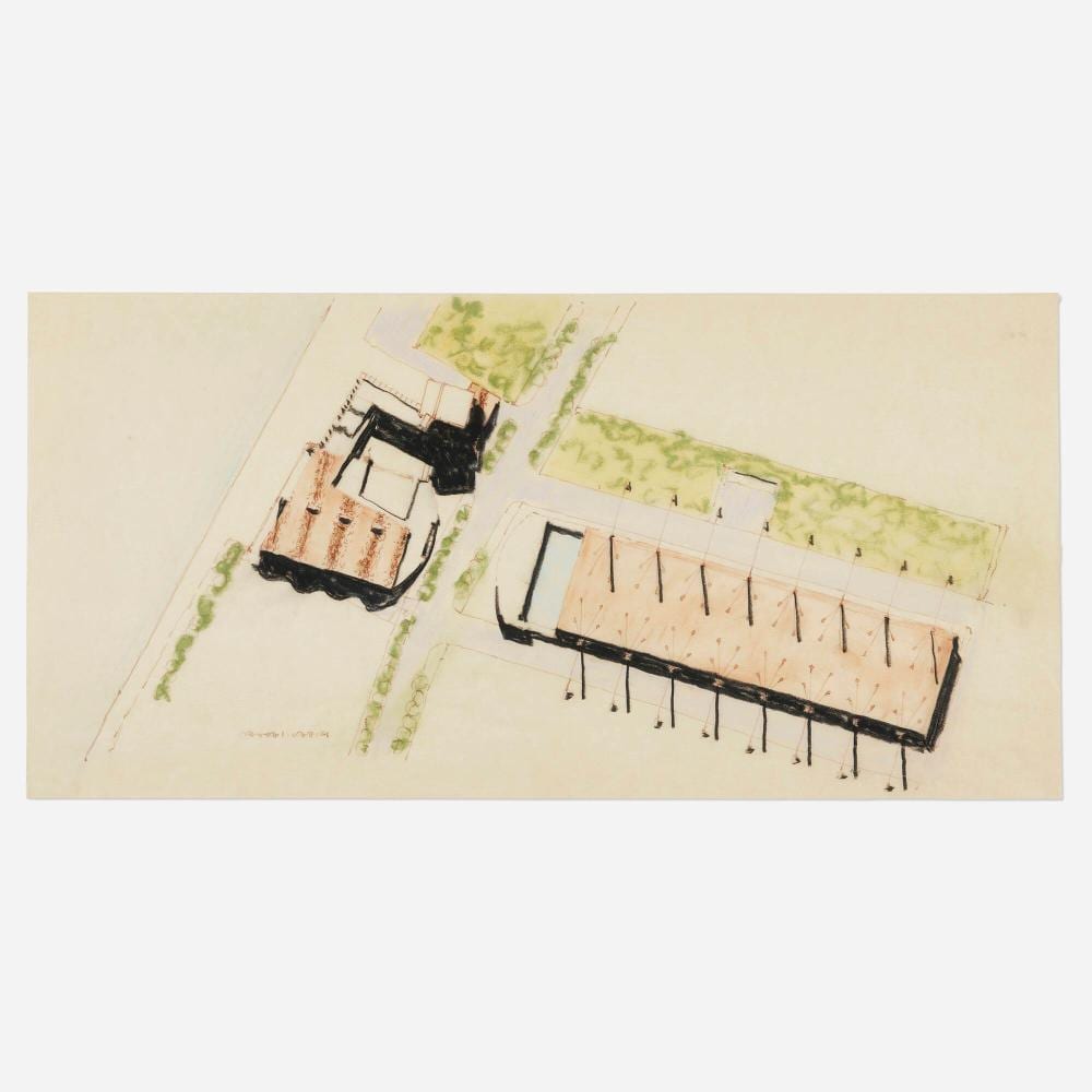 Arata Isozaki comparable auction result: arata isozaki kitakyushu international conference center aerial perspective drawing