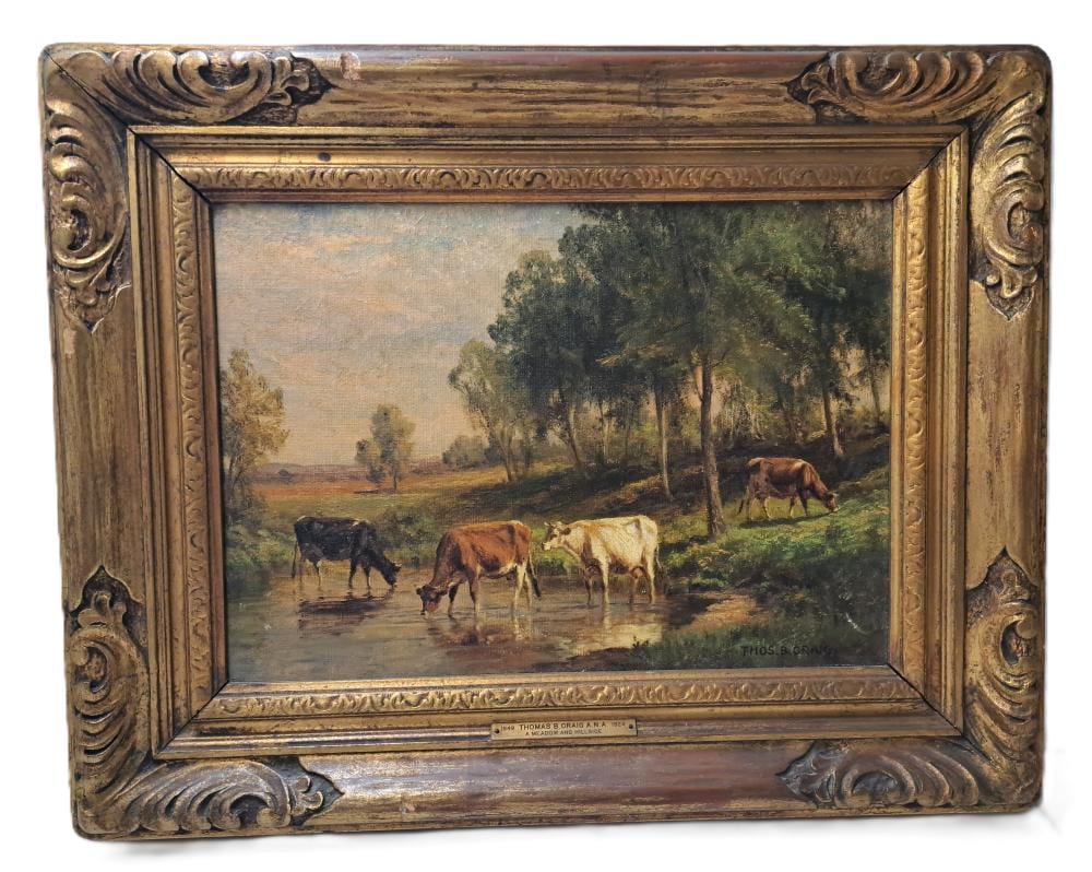 Thomas Bigelow Craig comparable auction result: thomas bigelow craig oil meadow hillside cattle landscape cows watering early sunset late sunrise 10 x 14 canvas