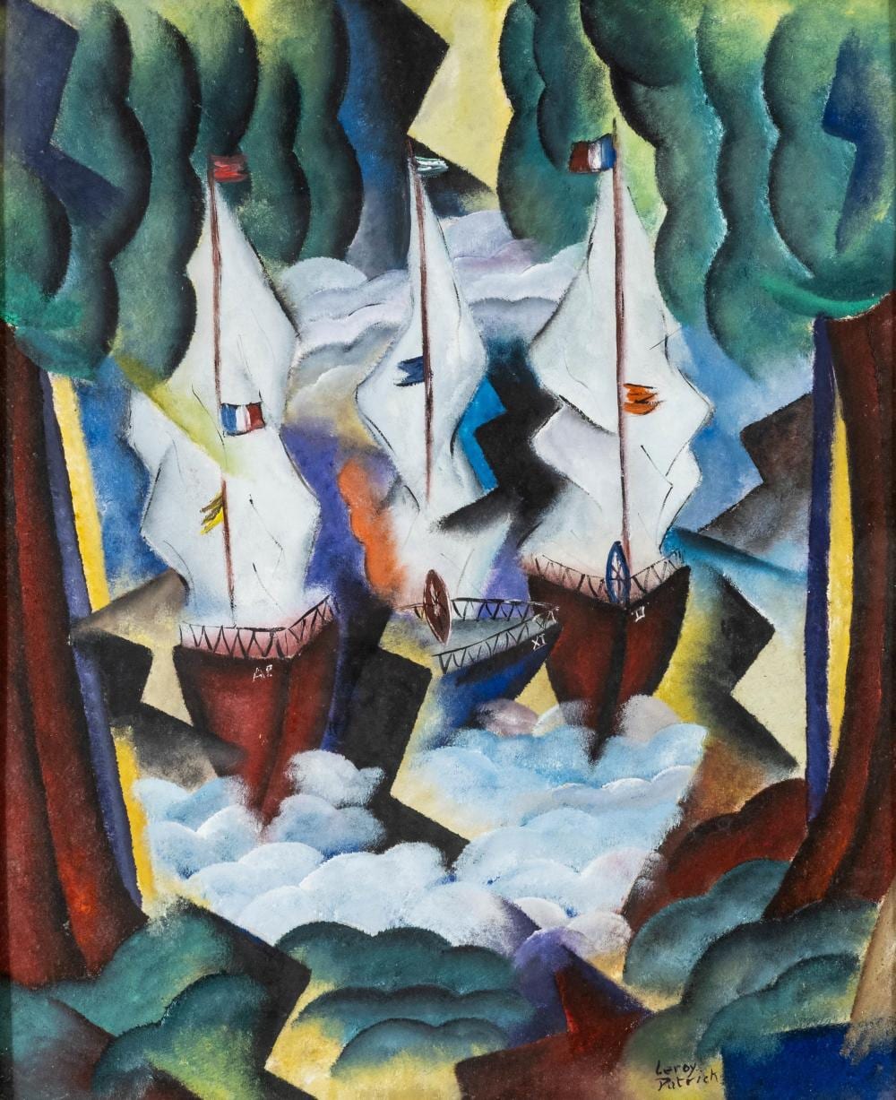 Patrick Leroy comparable auction result: patrick leroy art deco style cubist composition with three sailboats oil on board painting