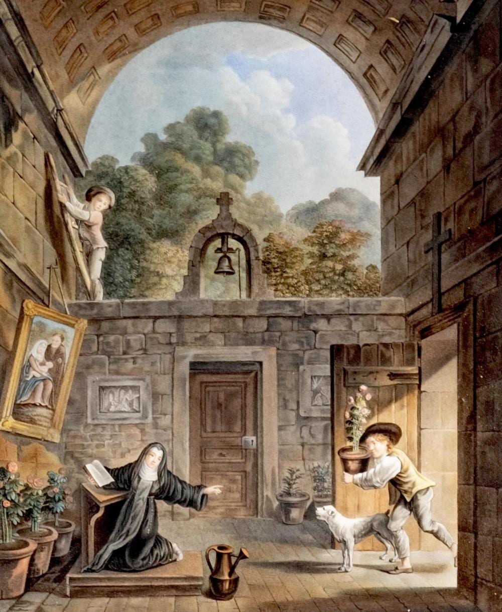 Hubert Robert comparable auction result: charles melchior descourtis prayer interrupted aquatint after hubert robert