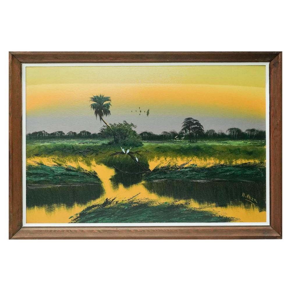 Alfred Hair comparable auction result: alfred hair american 1941 highwaymen sunset landscape oil on gypsum board