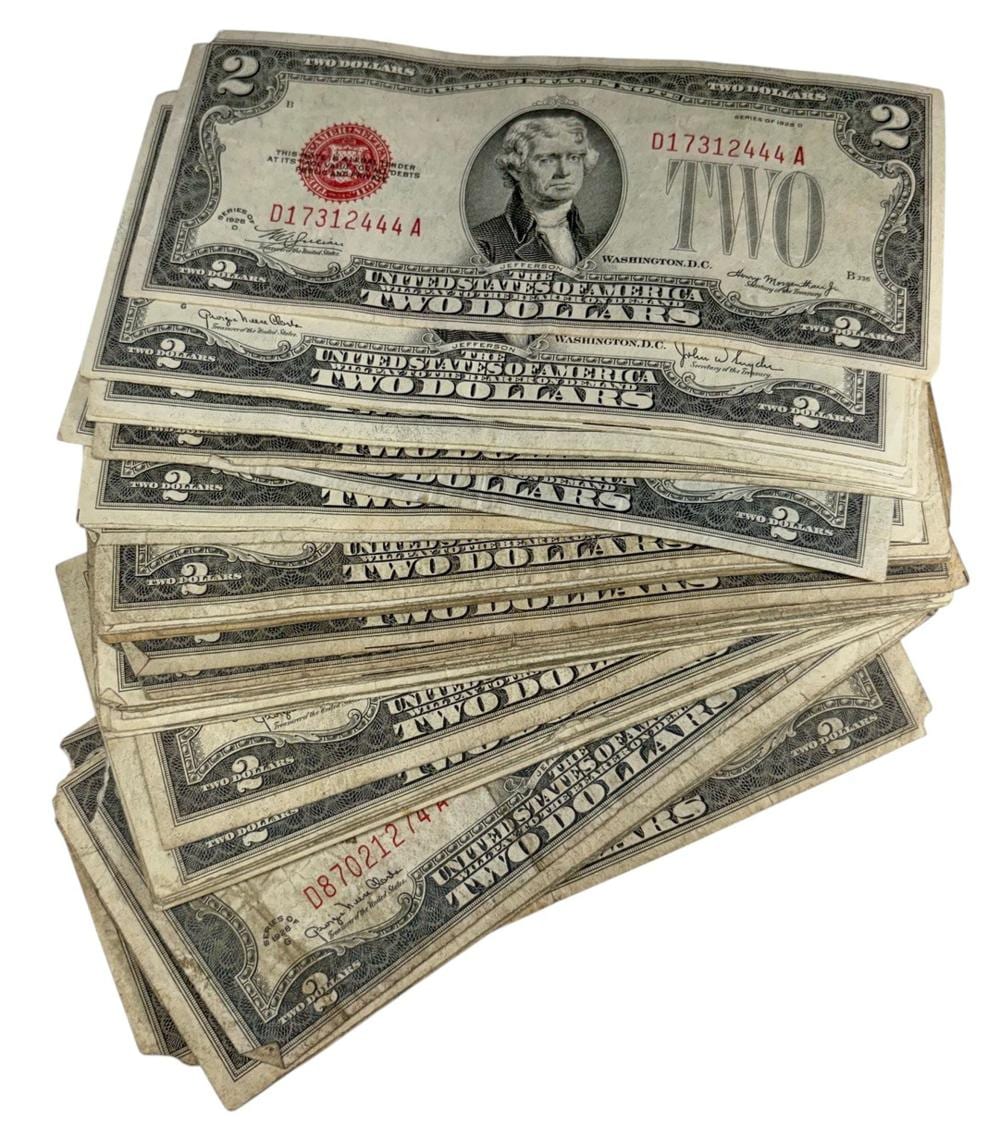 1928 thomas jefferson 2 dollar red seal bills 24pc · MiddleManBrokers · 2026-05-28 Thomas Jefferson comparable auction result: 1928 thomas jefferson 2 dollar red seal bills 24pc