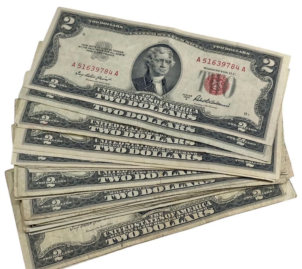 1953 thomas jefferson 2 dollar red seal bills 24pc · MiddleManBrokers · 2026-05-28 Thomas Jefferson comparable auction result: 1953 thomas jefferson 2 dollar red seal bills 24pc