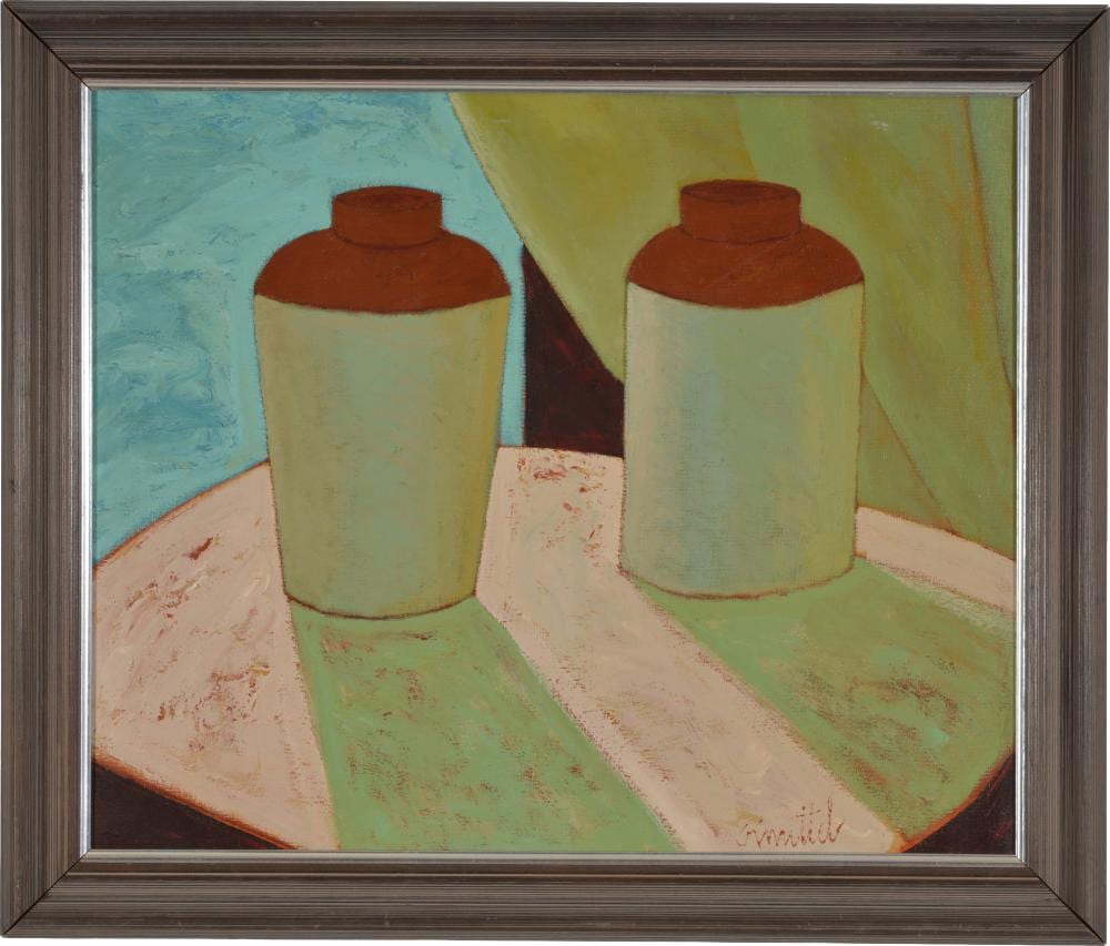 Graham Knuttel comparable auction result: graham knuttel 1954 2023 ireland tabletop still life of two vases oil on canvas signed lower right framed sight 20 x 24 5in overall 24 x 28in