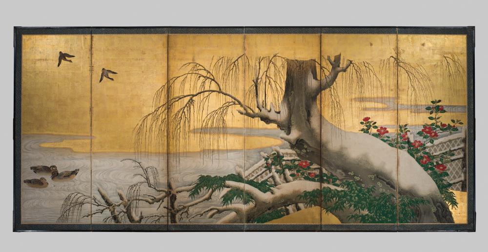 A HIGHLY IMPORTANT SIX-PANEL ‘SNOW-DUSTED WILLOW AND DUCKS’ BYOBU (FOLDING SCREEN), ATTRIBUTED TO KANO EITOKU, FORMERLY KEPT AS A TREASURED ITEM IN THE JURAKUDAI PALACE IN KYOTO sold by Galerie Zacke, lot 267 — auction record photograph