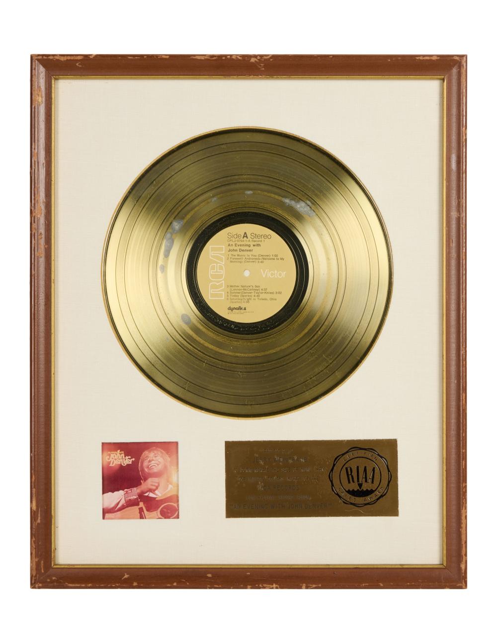 John Denver comparable auction result: john denver riaa certified gold sales award for an evening with john denver presented to jerry weintraub