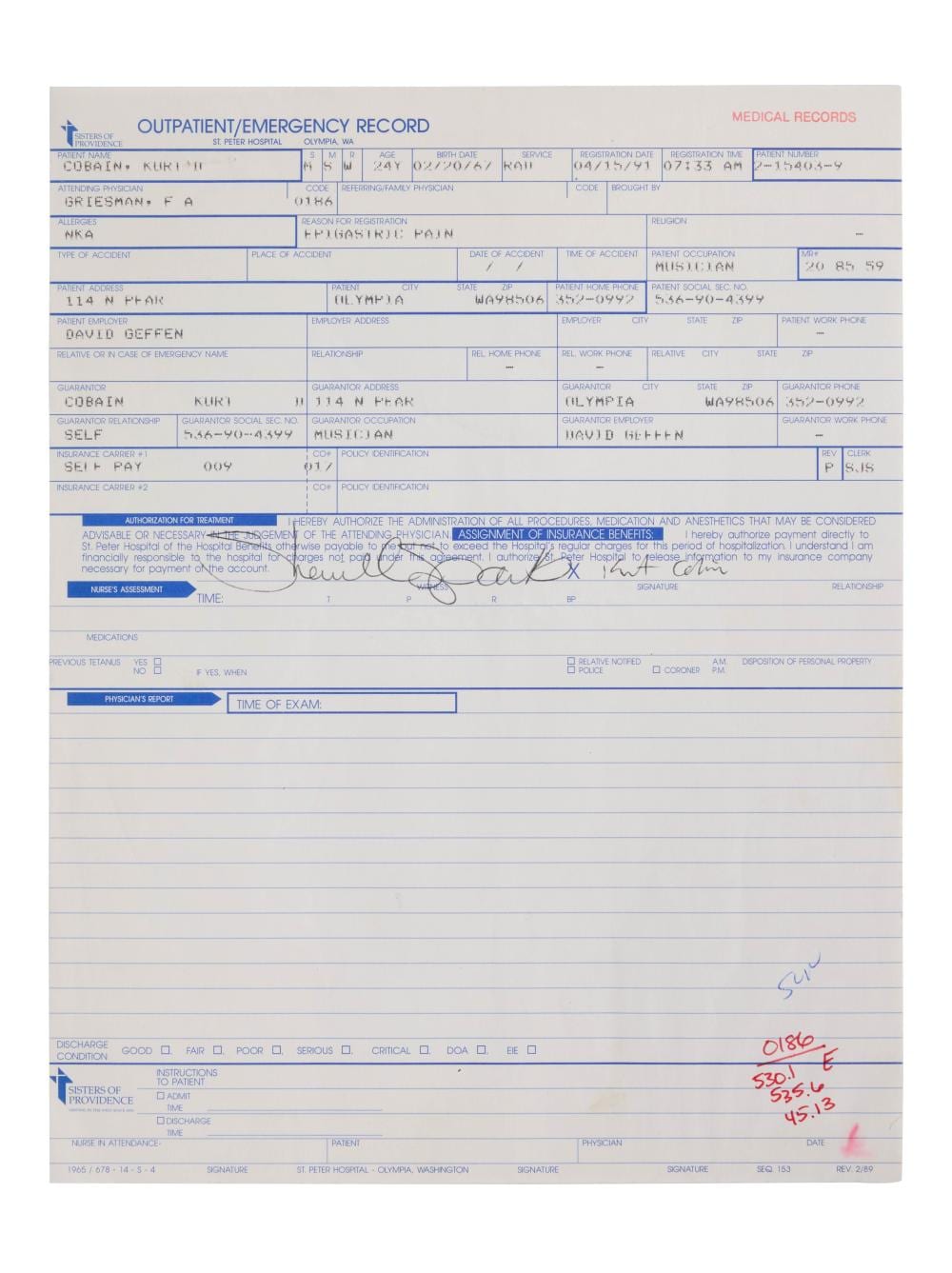 Kurt Cobain comparable auction result: kurt cobain 1991 signed hospital records