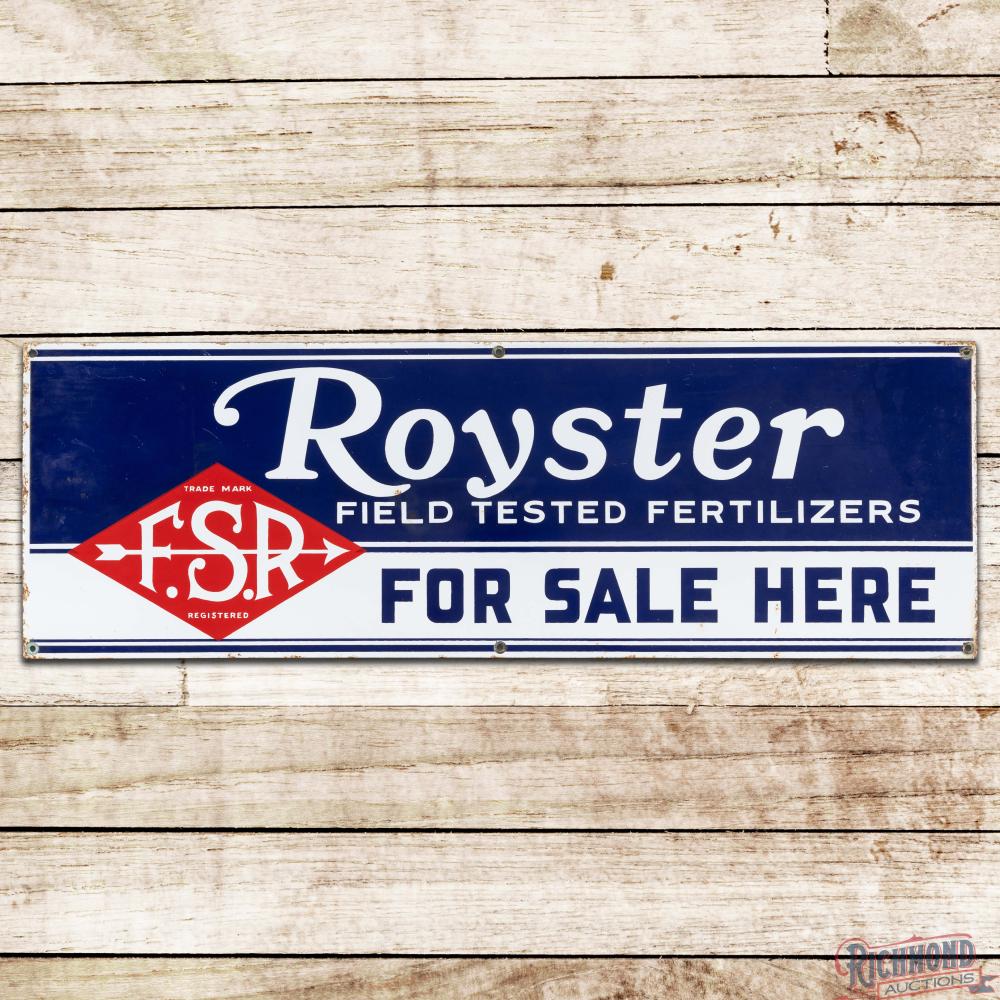 Royster Field Tested Fertilizer For Sale Here 36" Single Sided Porcelain Sign sold by Richmond Auctions, lot 535 — auction record photograph