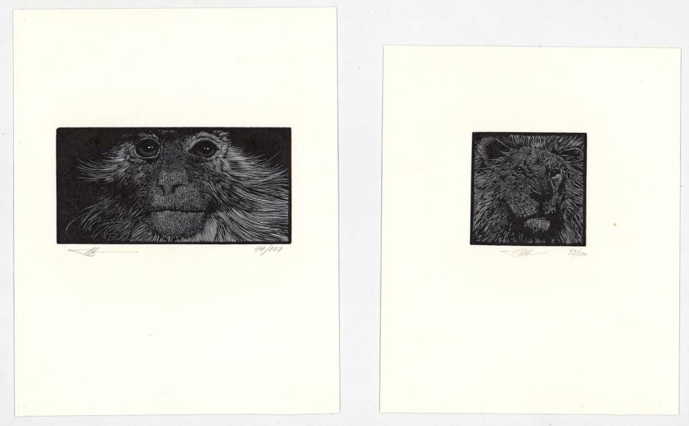 barry moser 2 wood engravings s n lion monkey · Grant Zahajko Auctions, LLC · 2026-05-27 Barry Moser comparable auction result: barry moser 2 wood engravings s n lion monkey