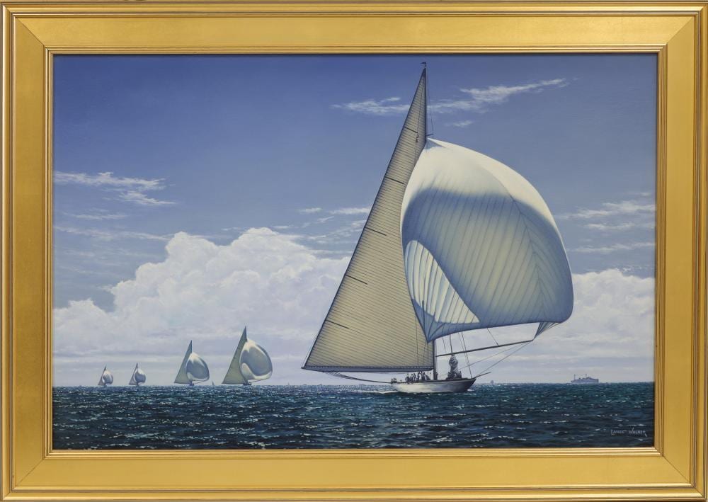 Lance Walker comparable auction result: lance walker massachusetts 1962 sailboat racing oil on canvas 24 x 36 framed 42 x 30