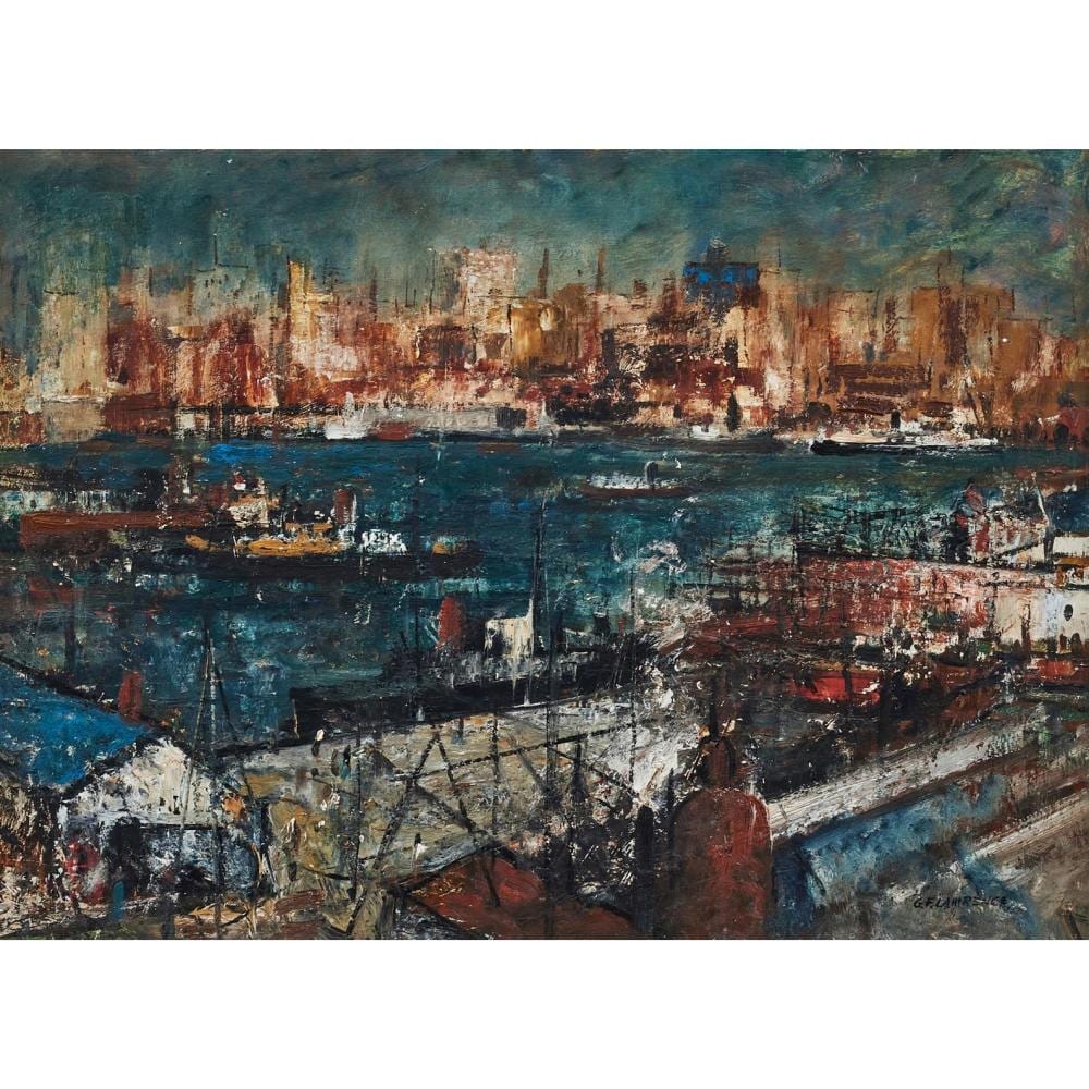 George (1901) Lawrence comparable auction result: george feather lawrence 1901 1981 view of the city from darling harbour oil on board 54 5 x 75cm 87 5 x 107cm framed