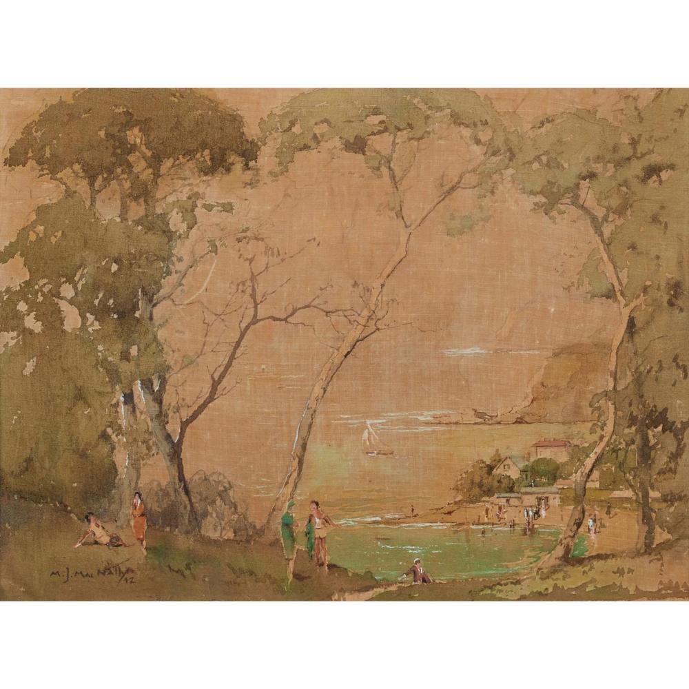 M. J. MacNally comparable auction result: matthew james macnally 1874 1943 summer by the beach 1942 watercolour on silk 38 5 x 51cm 71 5 x 83cm framed