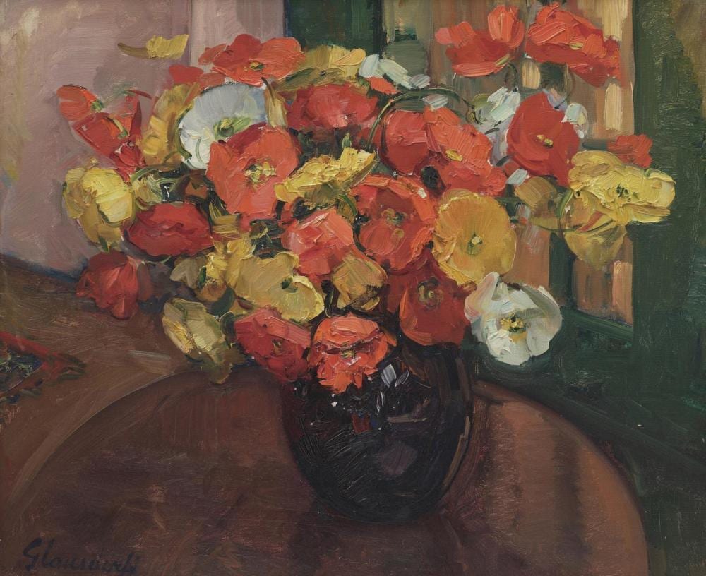Hubert Glansdorff comparable auction result: hubert glansdorff belgian 1877 1963 still life with a vase of poppies oil on canvas 50 x 60cm 70 x 80cm framed