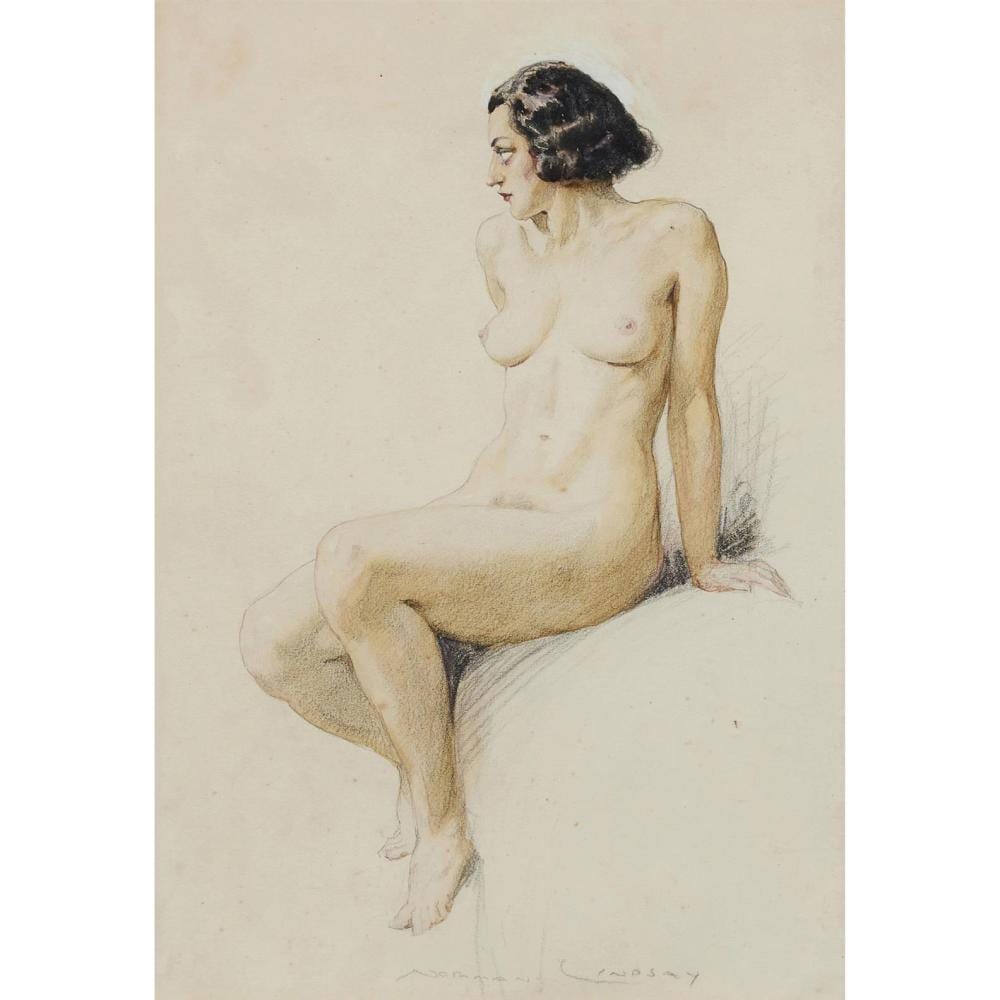 Norman Lindsay comparable auction result: norman lindsay 1879 1969 seated female nude watercolour and pencil on paper 33 5 x 23 5cm 55 x 42 5cm framed