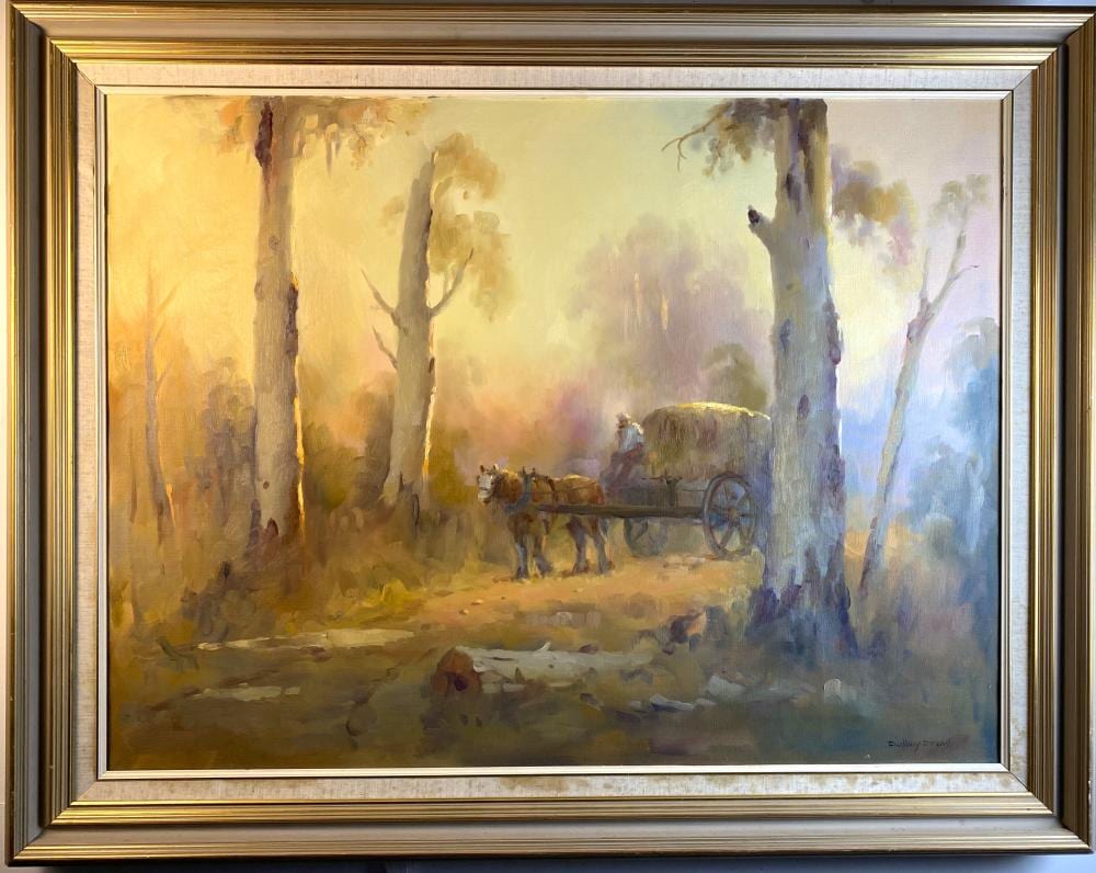 Dudley Drew comparable auction result: dudley drew farmer with draft horse and hay cart in gumtree landscape