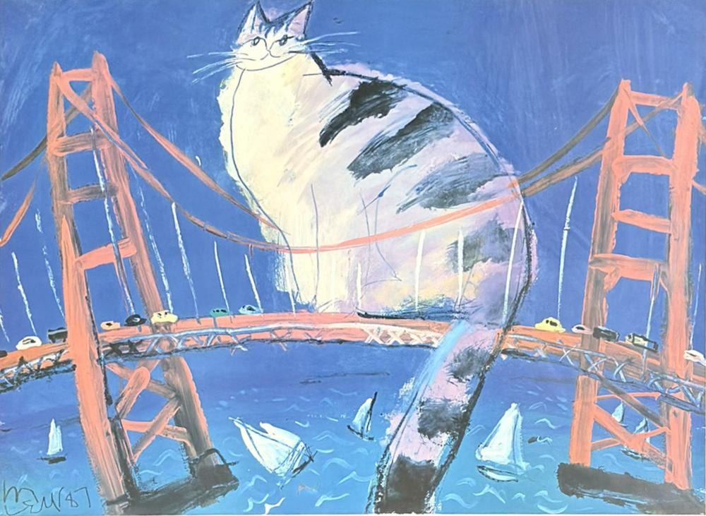 Michael Leu comparable auction result: michael leu taiwanese american b 1950 fuzzy on g g bridge color lithograph signed