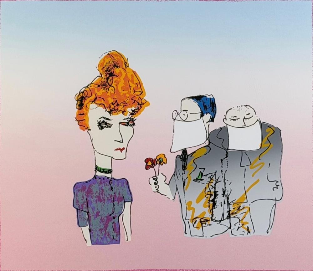 Colorful pop-art serigraph print showing a blonde woman in purple and a couple of smiling cartoon faces with blue hair on a light background.