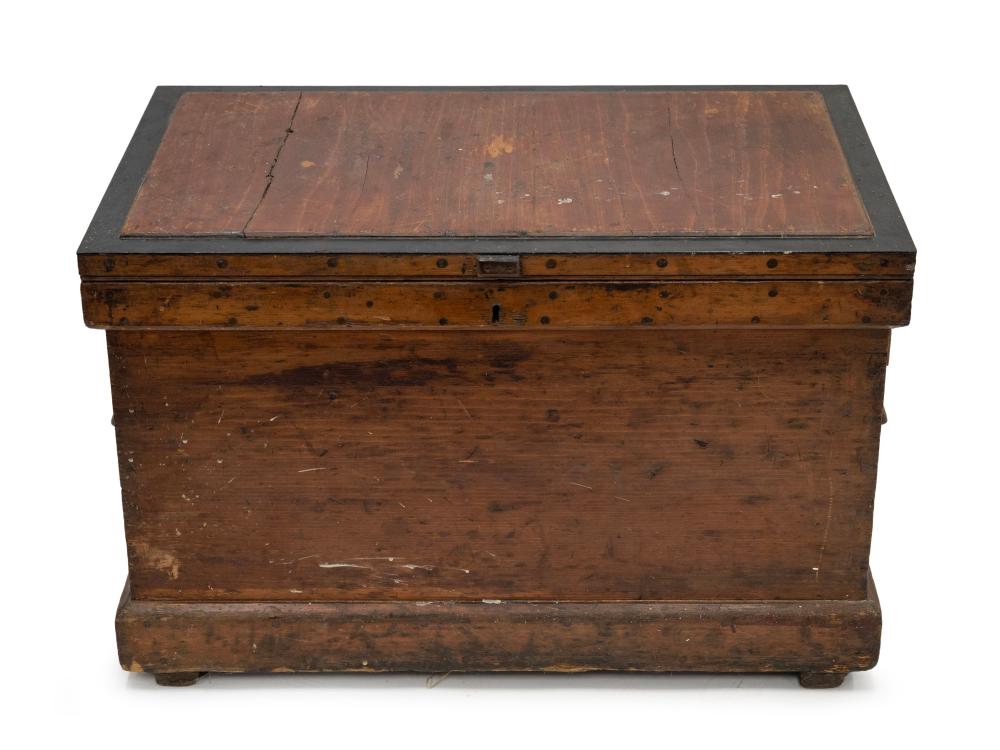 Auction comp thumbnail for A carpenter's antique tool trunk, pine, cedar and teak, housing a selection of hand tools, 19th/20th century, 58cm high, 91cm wide, 57cm deep. (Leski Auctions Pty Ltd, Lot 738)