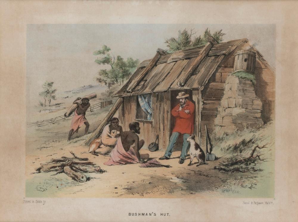 samuel thomas gill 1818 1880 bushman s hut colour lithograph printed by hamel ferguson melbourne 23 x 30cm 43 x 49cm overall · Leski Auctions Pty Ltd · 2026-05-31 S. T. Gill comparable auction result: samuel thomas gill 1818 1880 bushman s hut colour lithograph printed by hamel ferguson melbourne 23 x 30cm 43 x 49cm overall