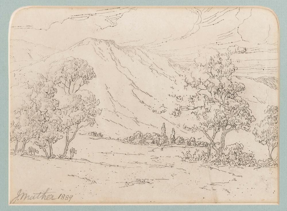 John Mather comparable auction result: john mather 1848 1916 town in mountain landscape pen and ink signed lower left john mather 1889 14 x 19cm 28 x 32cm overall