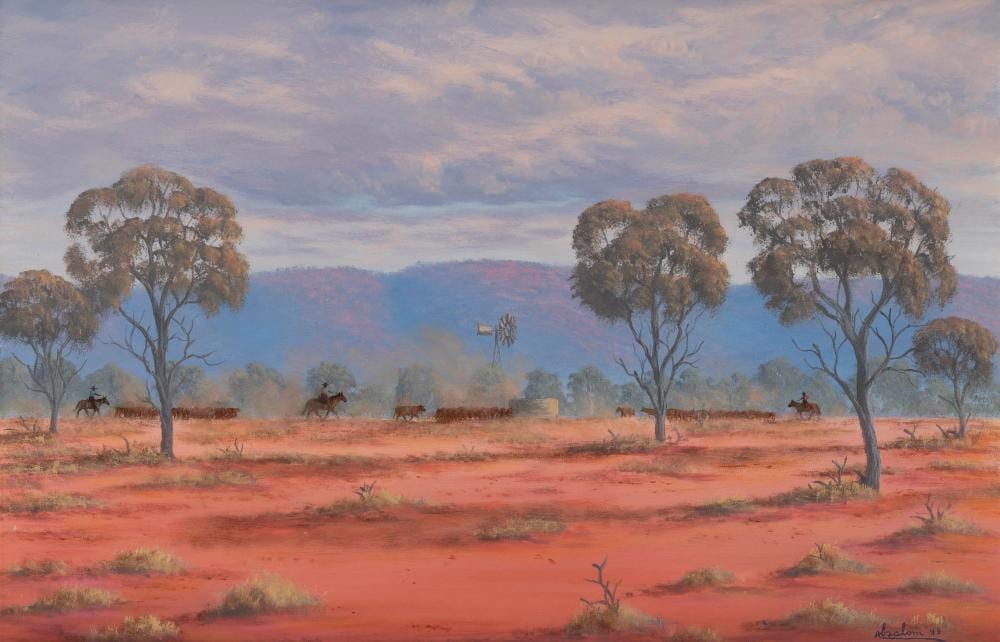 Jack Absalom comparable auction result: jack absalom 1927 2019 aboriginal stockman oil on canvas board signed lower right absalom 99 46 x 68cm 67 x 90cm overall