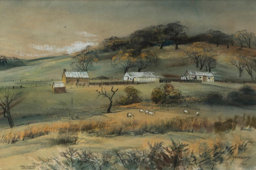 Kenneth Jack comparable auction result: kenneth jack 1924 2006 farm buildings lauriston victoria watercolour and pastel signed lower right kenneth jack 1973 35 x 52cm 58 x 74cm overall