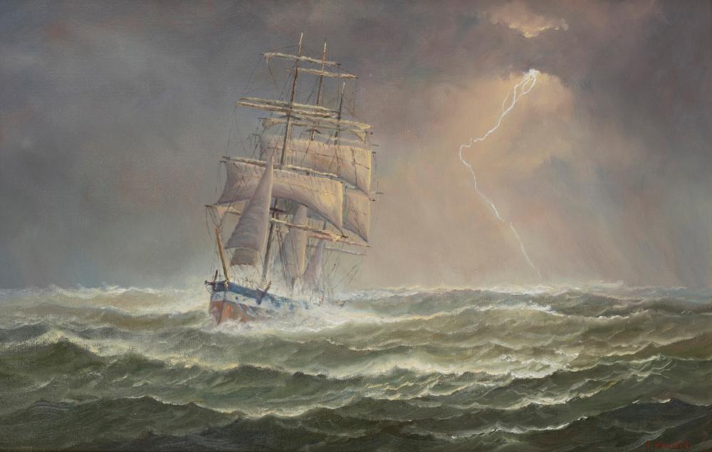 John Dollery comparable auction result: john dollery 1933 2014 running before the storm oil on canvas board signed lower right j dollery 34 x 53cm 49 x 67cm overall