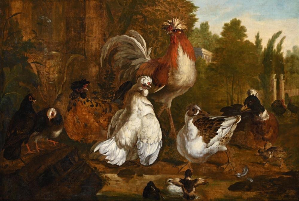 pieter casteels iii flemish 1684 1749 bantams ducks and pigeon in the garden · Dreweatts 1759 Fine Sales · 2026-06-10 Pieter Casteels III comparable auction result: pieter casteels iii flemish 1684 1749 bantams ducks and pigeon in the garden