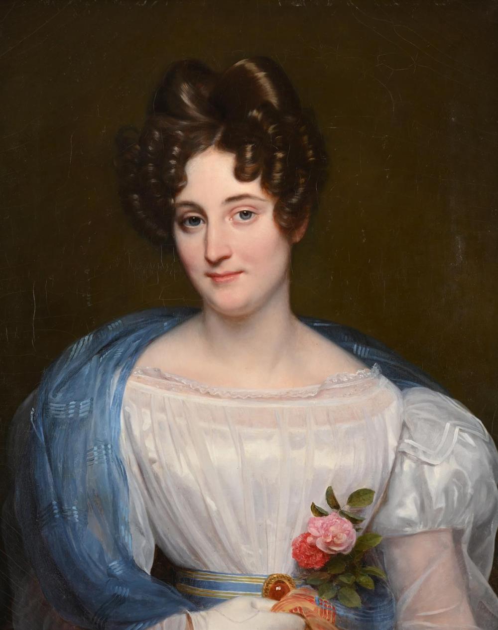 BELGIAN SCHOOL (19TH CENTURY), PORTRAIT OF A LADY WITH A BLUE SCARF sold by Dreweatts 1759 Fine Sales, lot 144 — auction record photograph