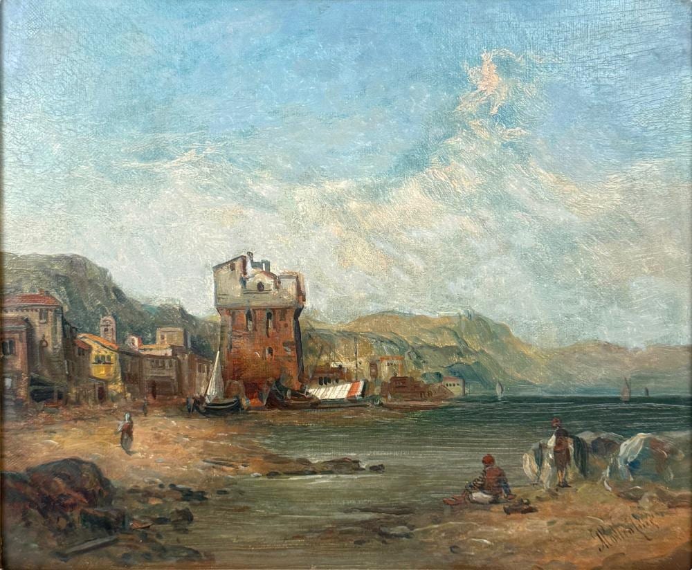 Alfred Pollentine comparable auction result: alfred pollentine coastal harbor scene oil on canvas