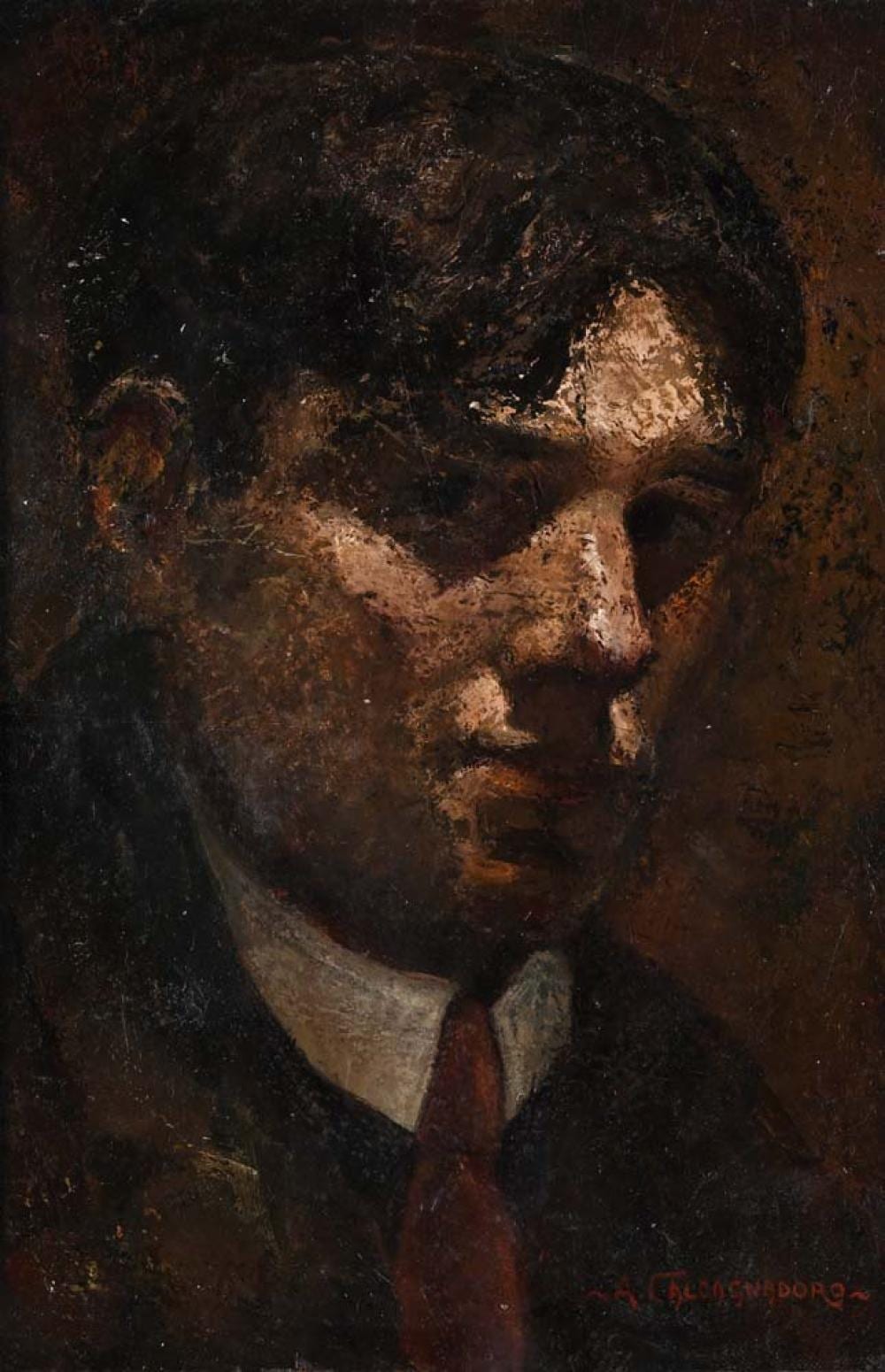 Antonino Calcagnadoro comparable auction result: antonino calcagnadoro rieti 1876 rome 1935 portrait of a young man with a red tie