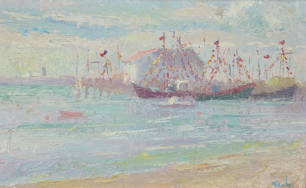 Hilda Neily comparable auction result: hilda neily 1947 blessing of the fleet oil on panel 10 x 16 14 x 20 framed