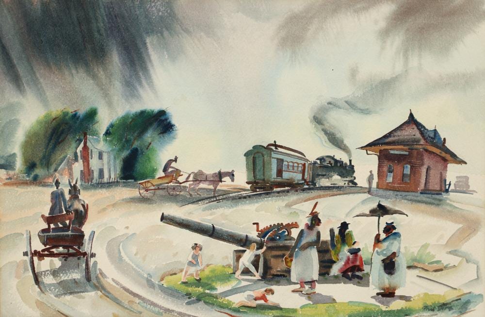 phil dike watercolor southern town with train station · Concept Art Gallery · 2026-06-06 Phil Dike comparable auction result: phil dike watercolor southern town with train station