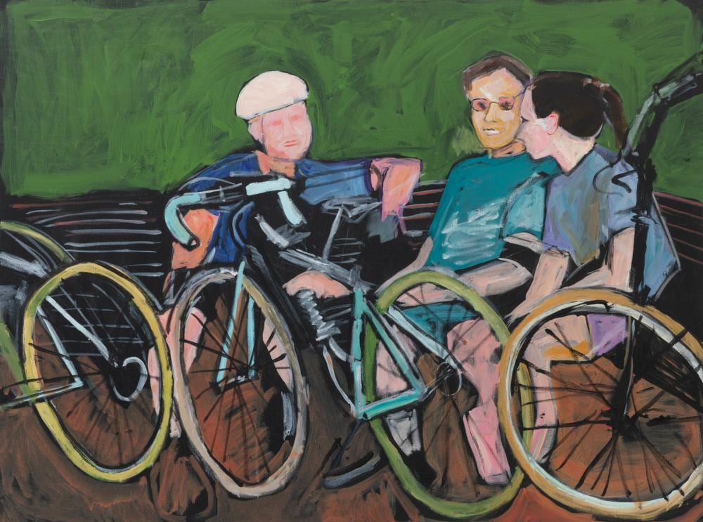 Rise Delmar-Ochsner comparable auction result: rise delmar ochsner american louisiana 1944 2025 bikers on a bench acrylic on gallery wrapped canvas
