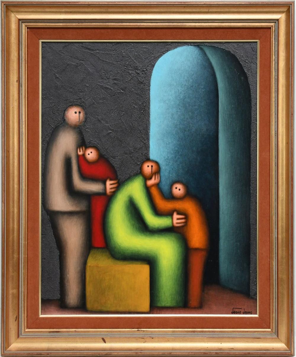 jesus leuus mexican 1948 2008 figures oil on masonite family portrait signed lower right 20 x 24 inches 29 x 25 inches · Bill Hood & Sons Arts & Antiques Auctions · 2026-05-26 Jesus Leuus comparable auction result: jesus leuus mexican 1948 2008 figures oil on masonite family portrait signed lower right 20 x 24 inches 29 x 25 inches
