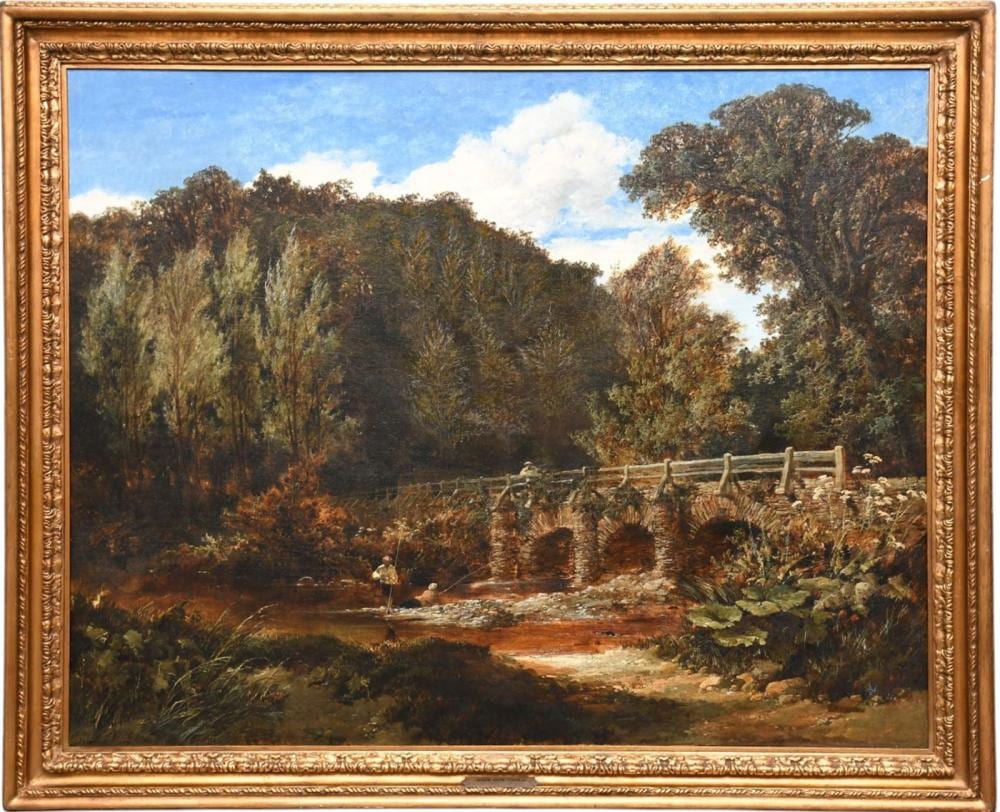 Edmund John Niemann comparable auction result: edmund john niemann british 1813 1876 oil on canvas boys fishing the bridge signed painting size 40 x 50 inches overall framed size 47 x 57 inches