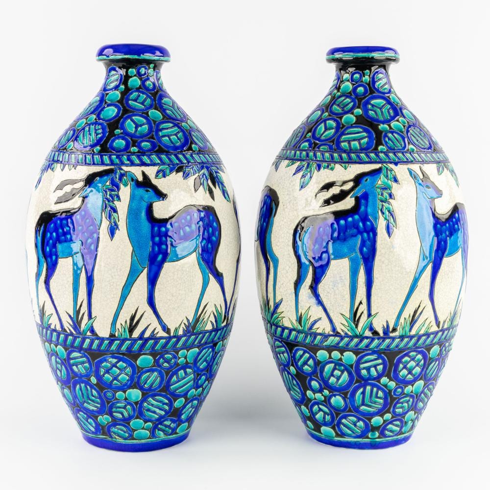 Charles Catteau comparable auction result: charles catteau 1880 1966 a pair of exceptionally large vases with fallow deer and does glazed ceramic for boch keramis