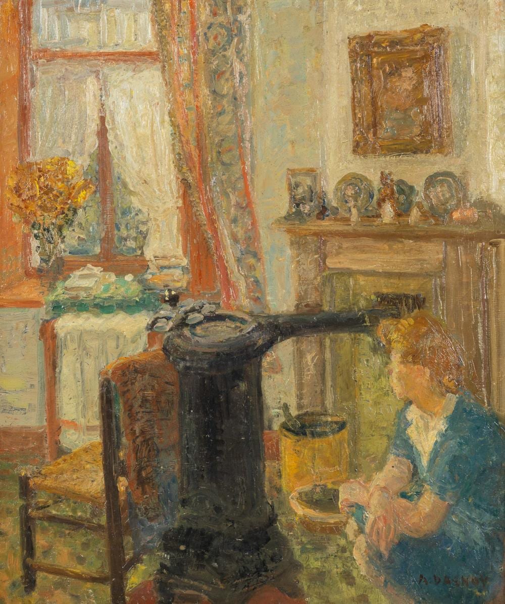 Albert Dasnoy comparable auction result: albert dasnoy 1901 1992 lady by the fireplace oil on canvas