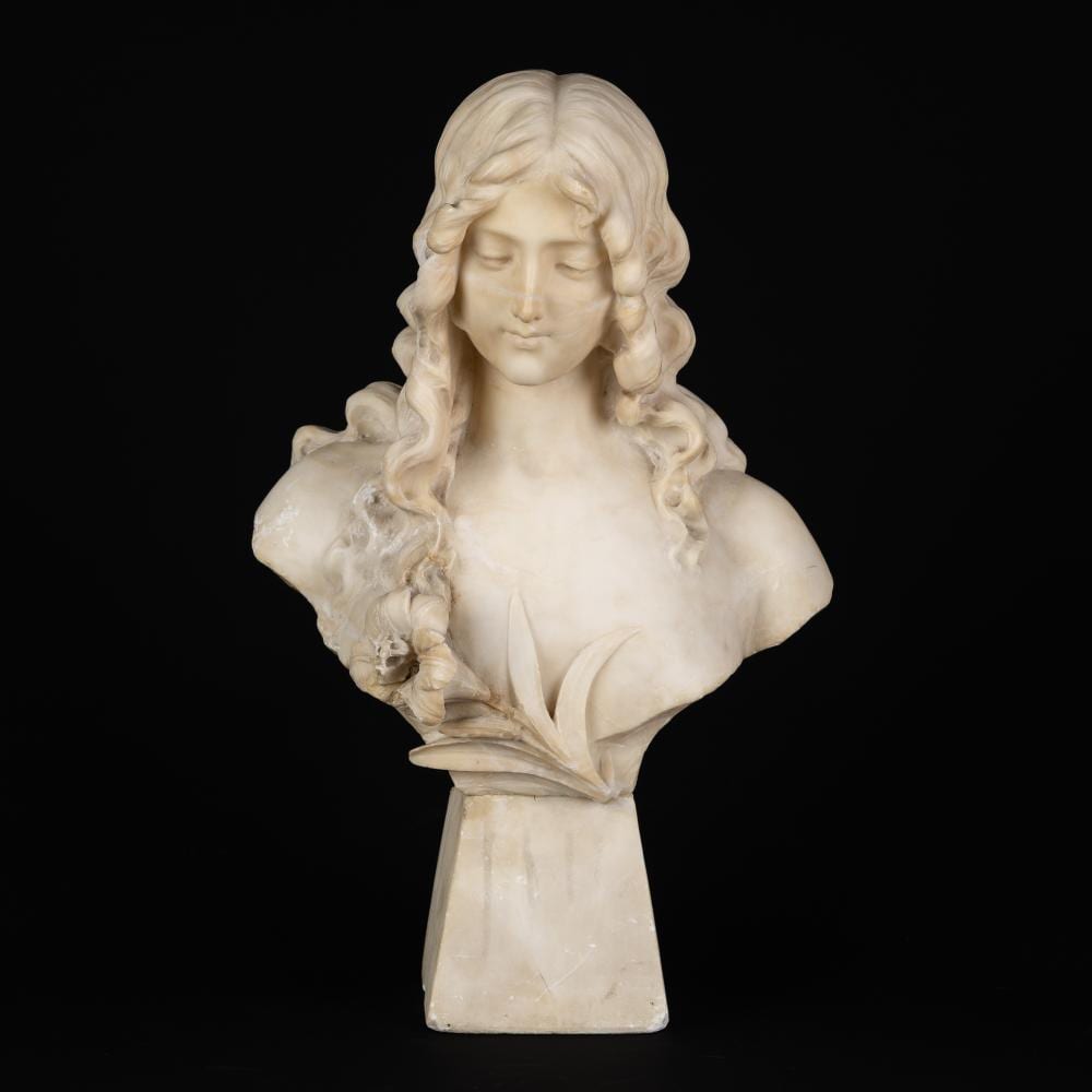 Fortunato Gori comparable auction result: fortunato gori act 1895 1925 young lady with a lily a sculptured alabaster bust