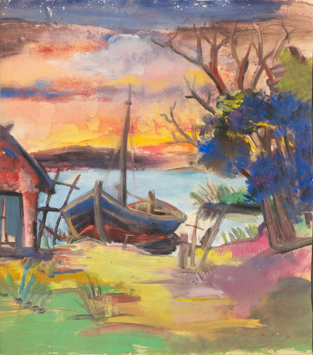 Oskar Gawell comparable auction result: oskar gawell chawlodno 1888 wien 1955 boat on the shore houses by a river