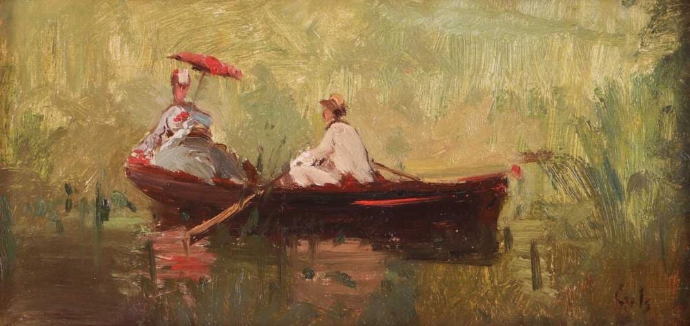 Adolphe Félix Cals comparable auction result: adolphe f lix cals french 1810 1880 a couple in a rowing boat signed cals lower right oil on panel 12 x 24 cm framed 24 x 35 5 cm