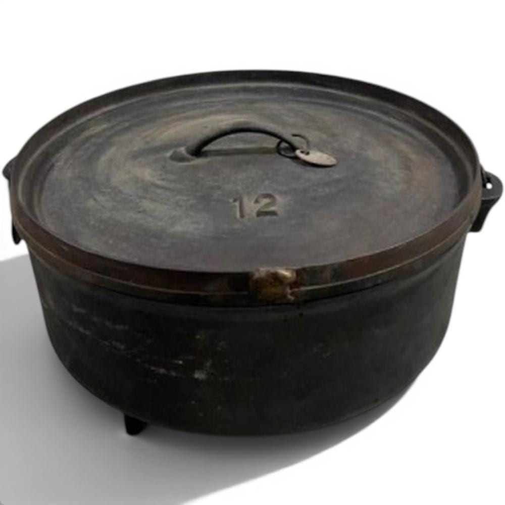 Round black cast iron camp Dutch oven with lid and metal loop handle, shown front view.