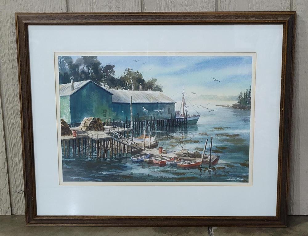 Norman Merritt comparable auction result: norman merritt harbor scene with fishing shacks watercolor