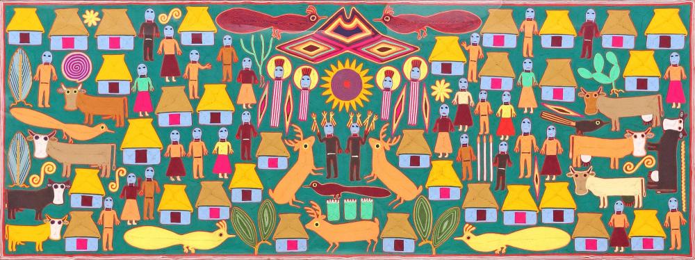 MONUMENTAL HUICHOL INDIAN FOLK ART YARN PAINTING, VILLAGE CEREMONY, 36" X 96" sold by Austin Auction Gallery, lot 1147 — auction record photograph