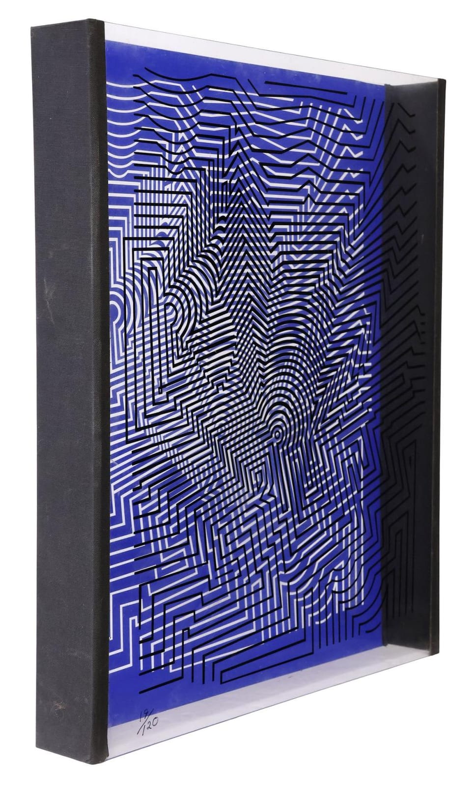 Blue and black geometric optical artwork on a clear rectangular panel between dark side supports